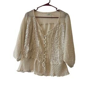 Kimchi Blue Sheer Ivory Button Front  Lacy Loose Fit Medium Womens Top